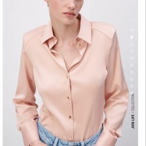 Zara Light Blush Pink Satin Button-Front Bodysuit